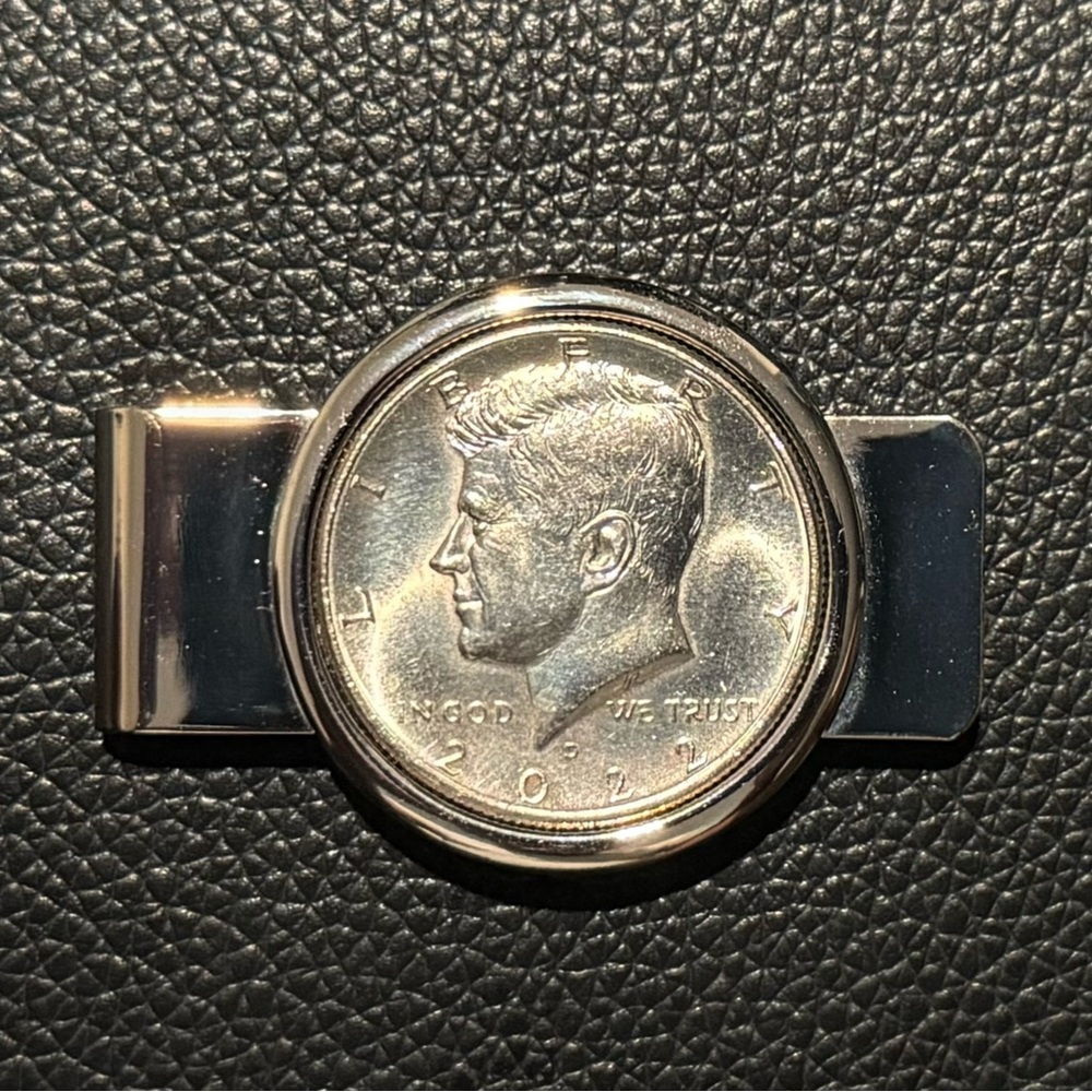 Men's Silver Tone Money Clip with Coin Accent